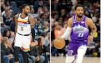 D’Angelo Russell, left, and Mike Conley, right, were two of the key pieces in a three-team trade Wednesday that will reshape the Timberwolves.