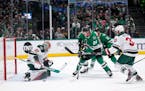 Wild goaltender Filip Gustavsson (32) blocked a shot by Stars center Roope Hintz (24) in the first period. The Stars added to their lead atop the Cent