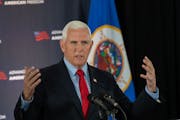 Former Vice President Mike Pence speaks at the Minneapolis Club Wednesday as part of a push to rally supporters against school policies supporting tra