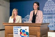 Rep. Liz Olson, right, joined by House Speaker Melissa Hortman, held a news conference in February to discuss her bill to mandate paid sick time for n
