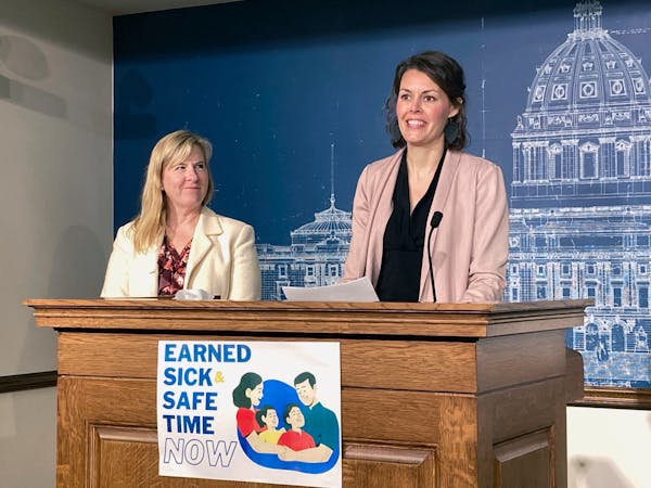 Rep. Liz Olson, joined by House Speaker Melissa Hortman, discussed her bill to mandate paid sick and safe time for nearly all Minnesota workers during