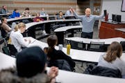 Gophers football coach P.J. Fleck lectured during a class at the Carlson School of Management on Tuesday.