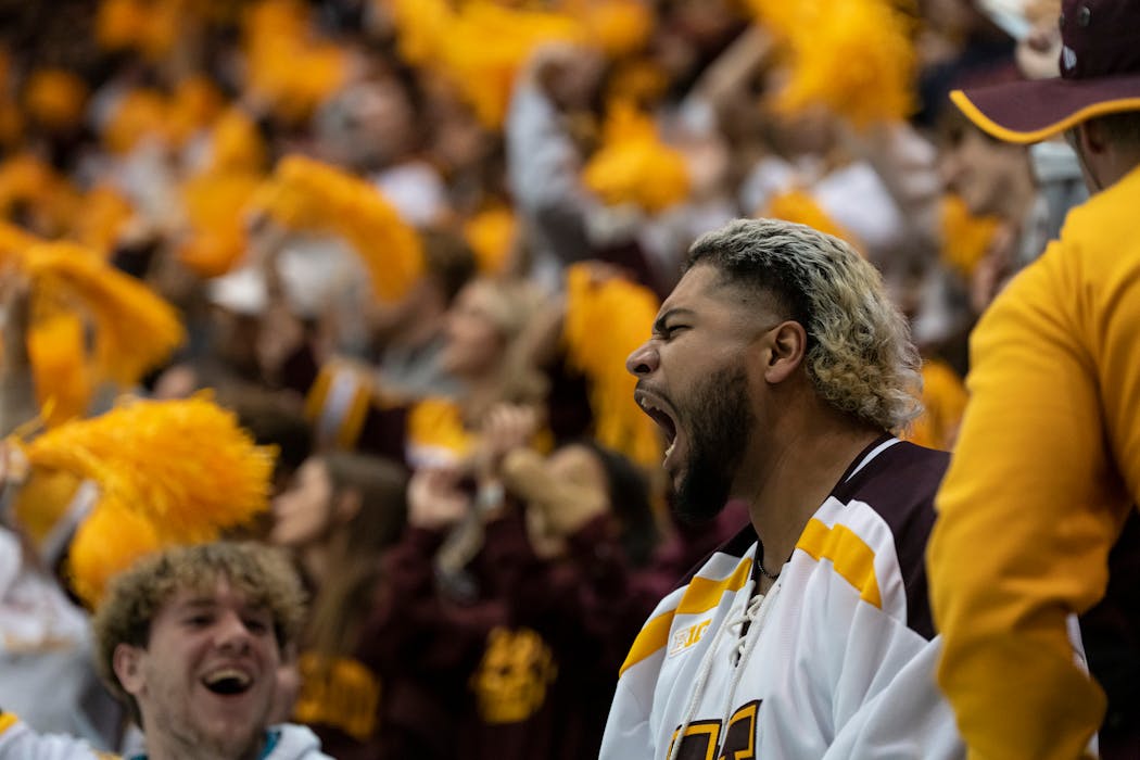 Fan Andrew Mercado whooped it up after a Gophers goal against Minnesota State Mankato at 3M Arena at Mariucci in October.