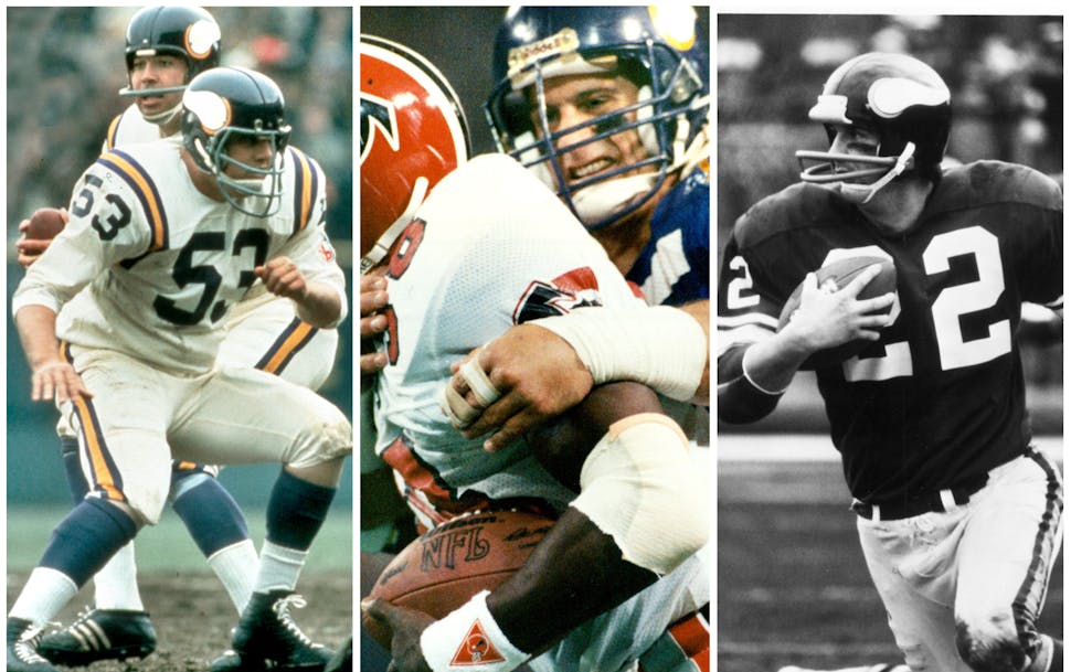 Three longtime standout Vikings are joining the Minnesota Sports Hall of Fame (from left): center Mick Tingelhoff, linebacker Scott Studwell and safet