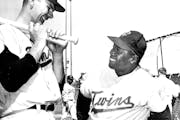 Twins utility players Jerry Kindall, left, and Sandy Valdespino during spring training in 1965 in Orlando, Fla.