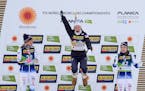Jessie Diggins of  Afton celebrated on the podium after winning an individual cross-country race at the FIS Nordic world ski championships.