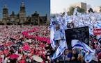 Left, anti-government demonstrators protest against recent reforms pushed by President Andres Manuel Lopez Obrador to the country’s electoral law th