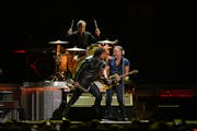 Bruce Springsteen with saxophonist Jake Clemons and drummer Max Weinberg early in their set Sunday night. The Springsteen and E Street Band 2023 Tour 