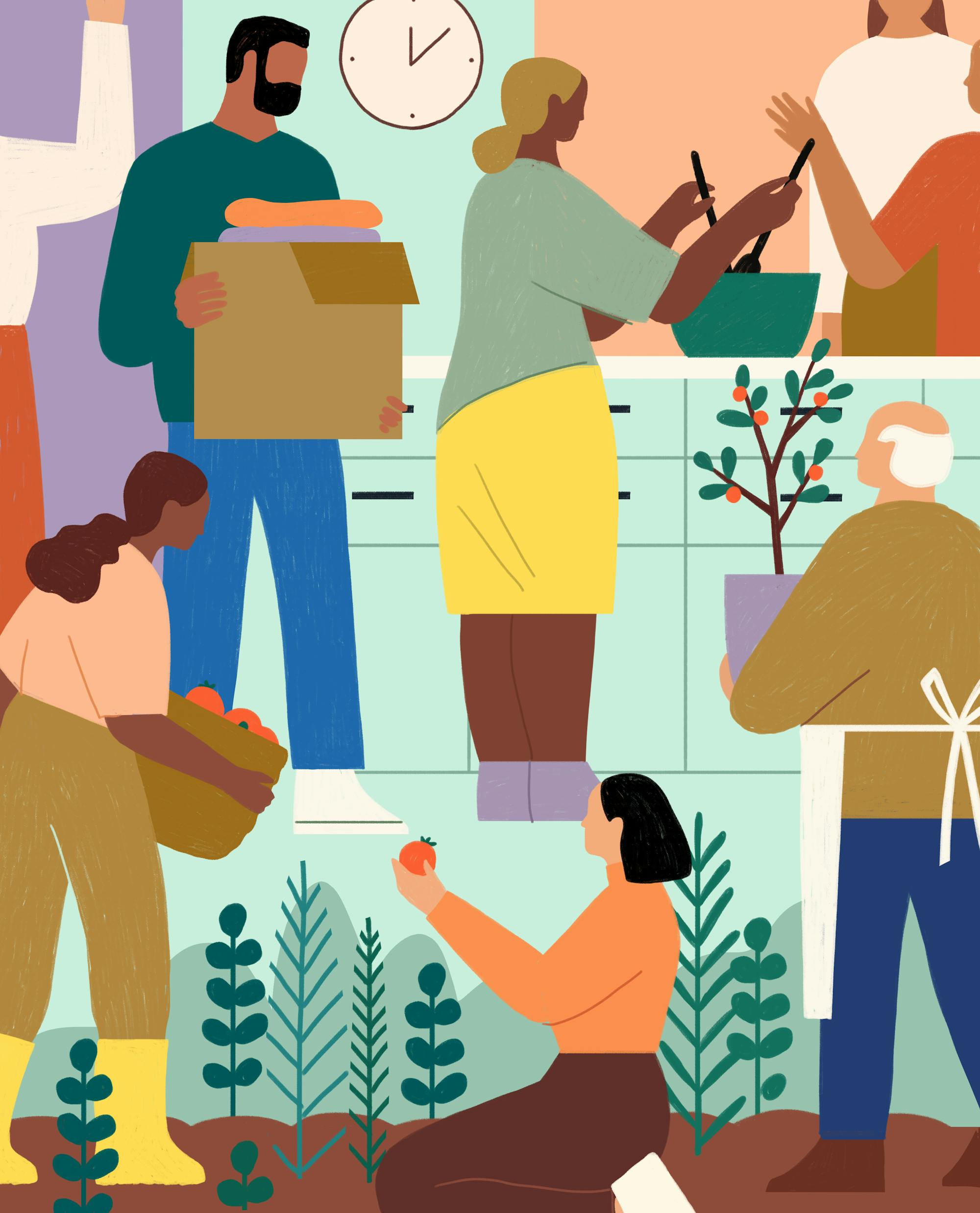 An illustration of a person surrounded by a collage of people engaged in various volunteer activities.