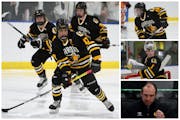 Clockwise from left: Jason Shaugabay leads the charge for Warroad, Carson Pilgrim helps with scoring, Hampton Slukynsky mans the goal and Jay Hardwick