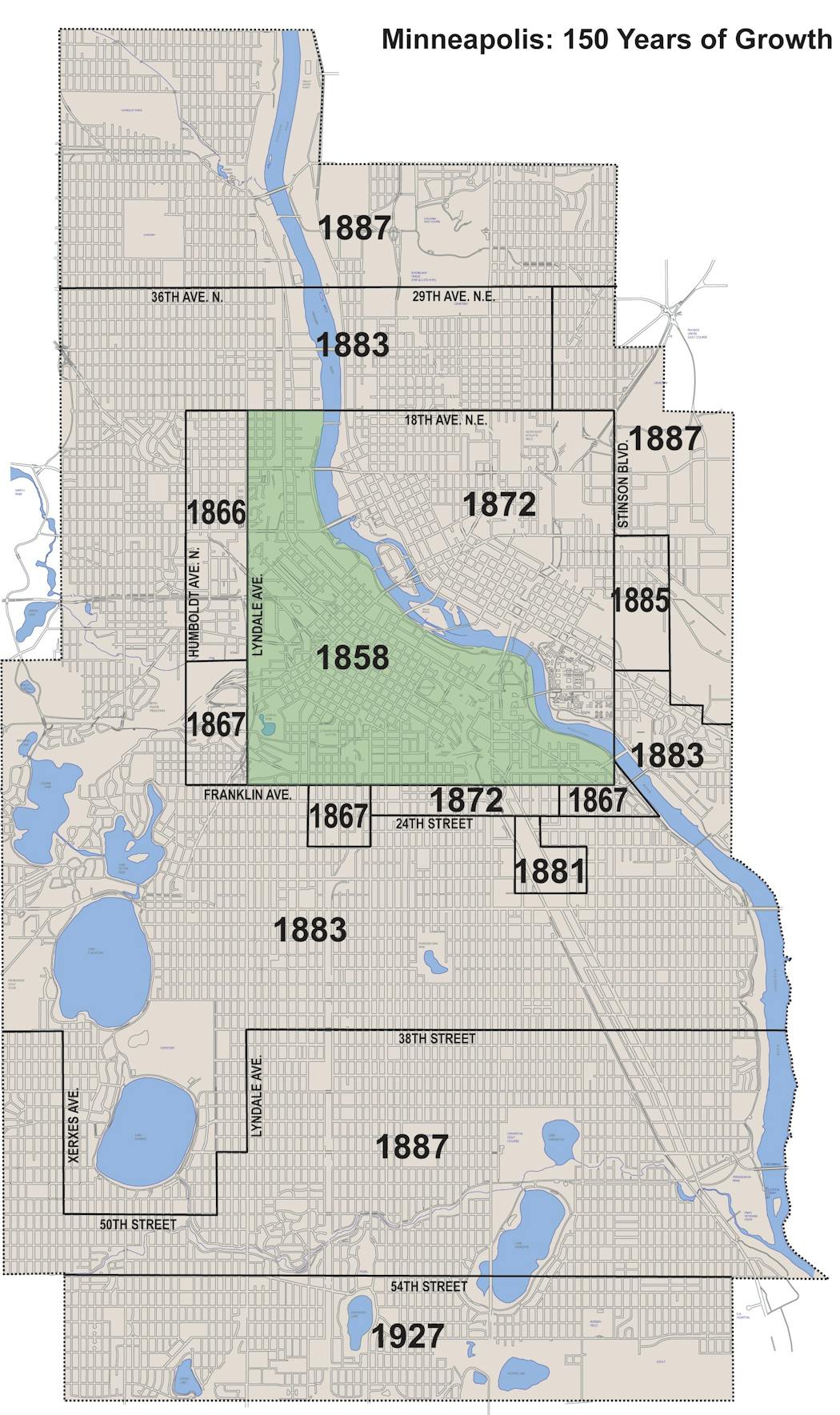 Minneapolis expanded its boundaries numerous times between the 1860s and 1880s, followed by a 40-year hiatus.