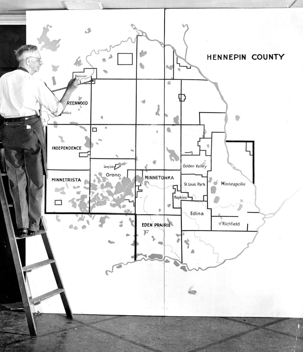 Artist O.E. Johnson painted a map of Hennepin County's political subdivisions in 1956. The map was intended to be displayed at a picnic featuring local government officials.