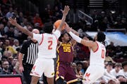 Gophers point guard Ta’lon Cooper (55) was under pressure from Maryland’s aggressive defense in Thursday’s season-ending loss at the Big Ten tou