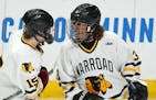 Warroad forward Peyton Sunderland, right, celebrated with fellow forward Taven James during Friday’s semifinal victory.