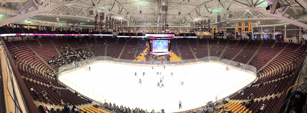 The Gophers and Michigan prepared for the opening faceoff in the Big Ten tournament quarterfinal in 2019. The announced attendance was 1,835.