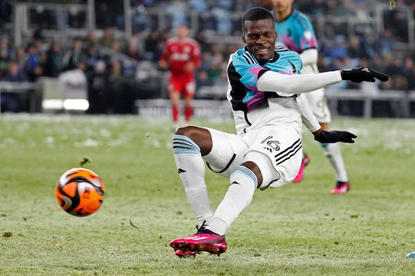 Loons forward Tani Oluwaseyi took a shot against the New York Red Bulls in the second half of last Saturday’s home opener.