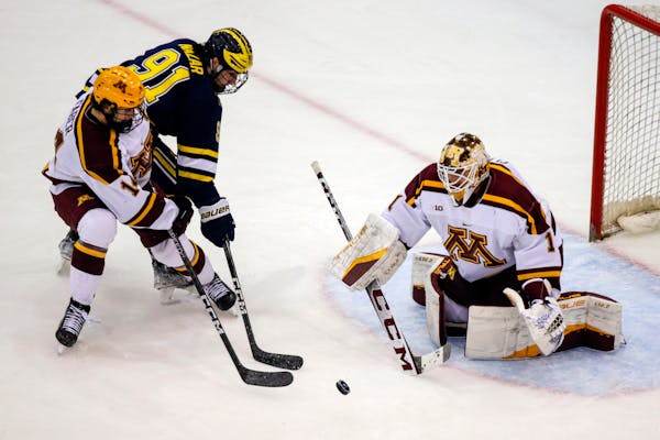 The Gophers, including goalie Justen Close and defenseman Brock Faber (14), are the No. 1 overall seed in the NCAA men’s hockey tournament. They wil