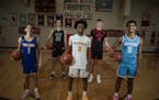 The Star Tribune All-Metro boys basketball first team, from left: Hayden Tibbits of Wayzata, Boden Kapke of Holy Family, Nasir Whitlock of DeLaSalle, 