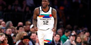 Forward Taurean Prince reacted to one of his eight made three-pointers without a miss in the Wolves’ 140-134 victory over the Knicks in New York on 