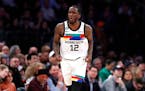 Forward Taurean Prince reacted to one of his eight made three-pointers without a miss in the Wolves’ 140-134 victory over the Knicks in New York on 