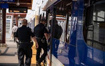 Metro Transit police officers patrolled the Blue Line in Minneapolis in 2022. New Police Chief Ernest Morales III will be sworn into office today.