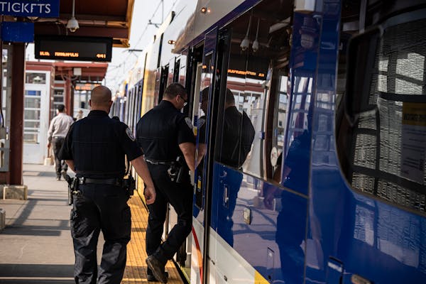 Metro Transit police officers patrolled the Blue Line in Minneapolis in 2022. New Police Chief Ernest Morales III will be sworn into office today.