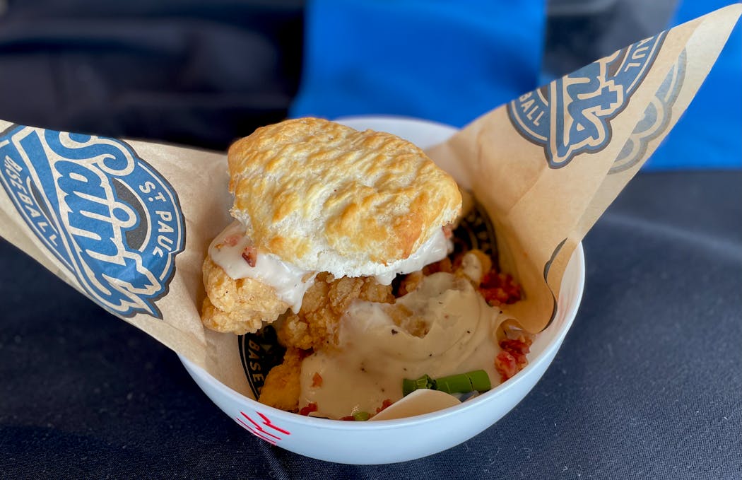 Chicken tender doused in cream gravy and tucked into a biscuit.