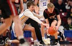 Carter Zimmerman of Mankato Loyola and Jaxon Strinmoen of Spring Grove battled for a loose ball in the second half Wednesday during a Class 1A boys ba