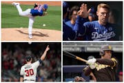 Four of the key players for the 2023 National League season (clockwise from top left): Mets SP Justin Verlander, Dodgers 1B Freddie Freeman, Padres OF