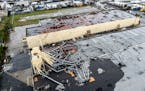 Damage to a building is seen on Wednesday, March 22, 2023 in Montebello, Calif., after a tornado.