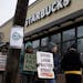 Workers at the Starbucks at 300 Snelling Av. S. in St. Paul protested Wednesday.