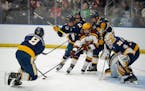 Minnesota Gophers forward Jimmy Snuggerud (81) tried to grab a loose puck in front of Canisius Golden Griffins goaltender Jacob Barczewski (30) in the