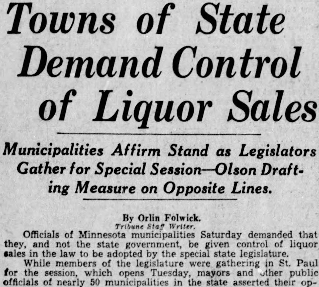 A front page article about cities requesting control over liquor sales from the Dec. 3, 1933 edition of the Minneapolis Tribune.