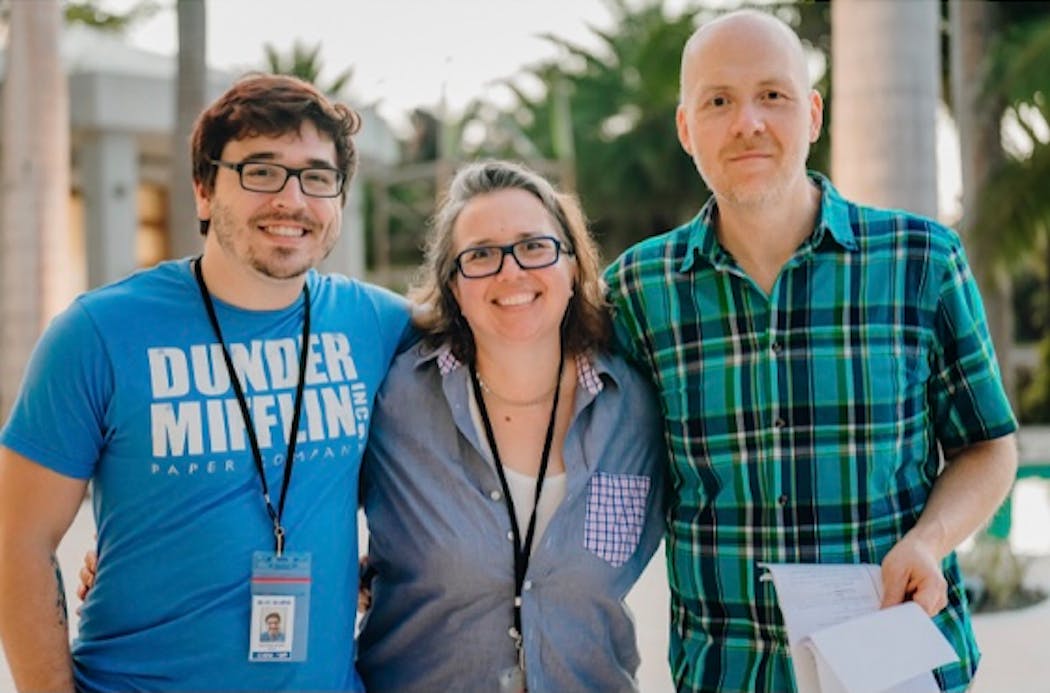 Matthew Dressel, left, worked with producer Leah Jaunzems and director Jeremy LaLonde on “Daniel’s Gotta Die,” the movie that he wrote more than a decade ago.