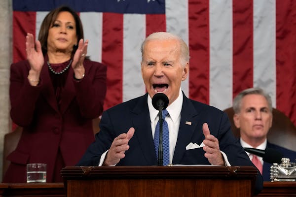 Vice President Kamala Harris stood up to applaud during President Joe Biden’s State of the Union address to a joint session of Congress on Feb. 7, 2