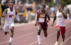 Gophers sprinter Kion Benjamin, middle, shown competing at the 2022 Big Ten outdoor championships.
