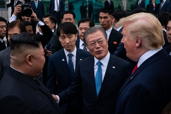 Then-President Donald Trump, then-President Moon Jae-in of South Korea, center, and Kim Jong Un, the North Korean leader, spoke in truce village of Pa
