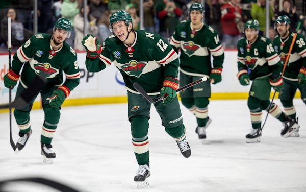 Wild winger Matt Boldy celebrated after scoring one of his three goals against Seattle on Monday.