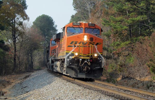 A Burlington Northern Santa Fe (BNSF) locomotive leads a freight train in Georgia in a 2016 file photo.