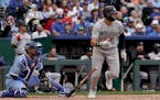The Twins’ Trevor Larnach ran to first after hitting an RBI single in the sixth inning Thursday against Kansas City.