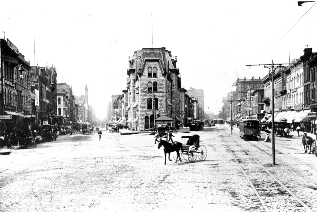 Minneapolis' Bridge Square, at the intersection of Nicollet and Hennepin aves., photographed in 1895.