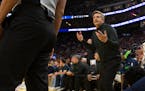 Wolves coach Chris Finch disputed a call during Sunday’s game against Golden State.