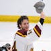 Gophers captain Brock Faber celebrated the team’s 4-1 victory over St. Cloud State last Saturday in Fargo, which sent Minnesota back to the men’s 