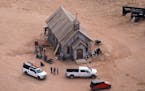 This aerial photo shows the movie set of “Rust” at Bonanza Creek Ranch in Santa Fe, N.M., on Saturday, Oct. 23, 2021. 