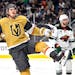 Vegas Golden Knights center Brett Howden reacts after scoring a goal against the Wild during the second period Saturday
