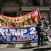 Supporters of former President Donald Trump gather along 5th Avenue near Trump Tower in New York on Monday. Trump was indicted in Manhattan last week 