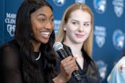 Diamond Miller (left) and Dorka Juhász met with the media after being drafted by the Lynx in April.