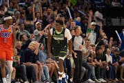 Timberwolves guard Anthony Edwards reacted after he hit a three-point shot in the third quarter Friday night at Target Center. 