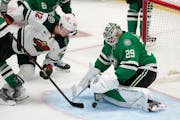 Wild winger Matt Boldy tried to get a shot past Dallas goalie and Lakeville native Jake Oettinger Wednesday night in Dallas.