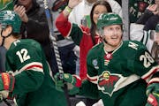 Gustav Nyquist (28) of the Wild has four assists in three playoff games against the Dallas Stars.